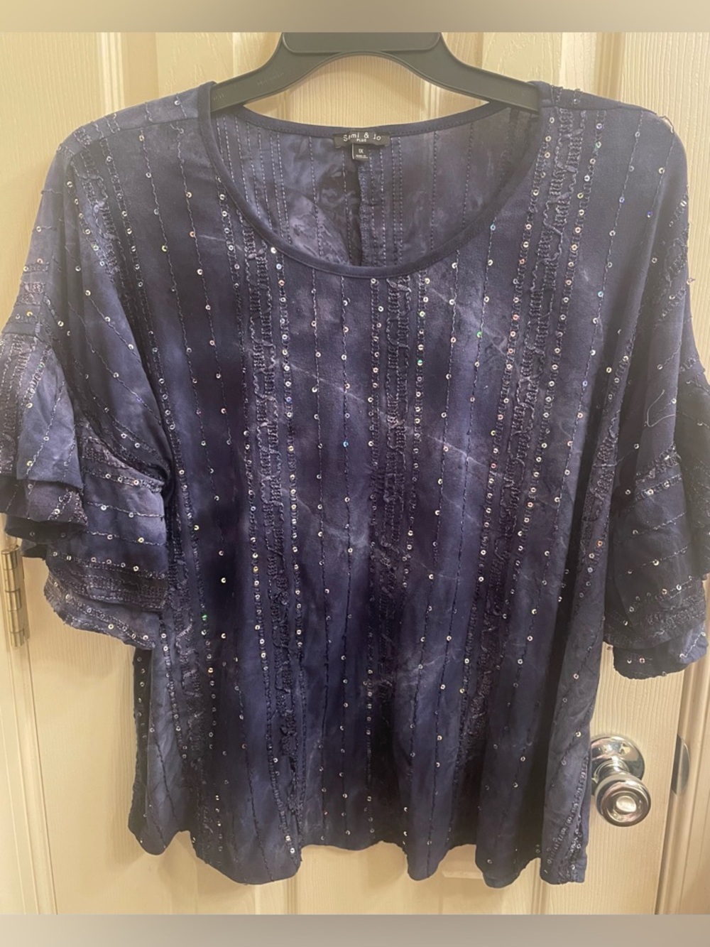 Sami & Jo Navy Blue Sequin Embroidered Vertical-Stripe Blouse Flare Sleeve Sz 1X